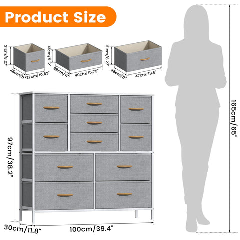 Feonase Chest of Drawers,Bedroom Tall Dresser with 11 Fabric Drawers, Metal Frame & MDF Wood Top, Adjustable Feet, Storage Organizer Unit for Bedroom