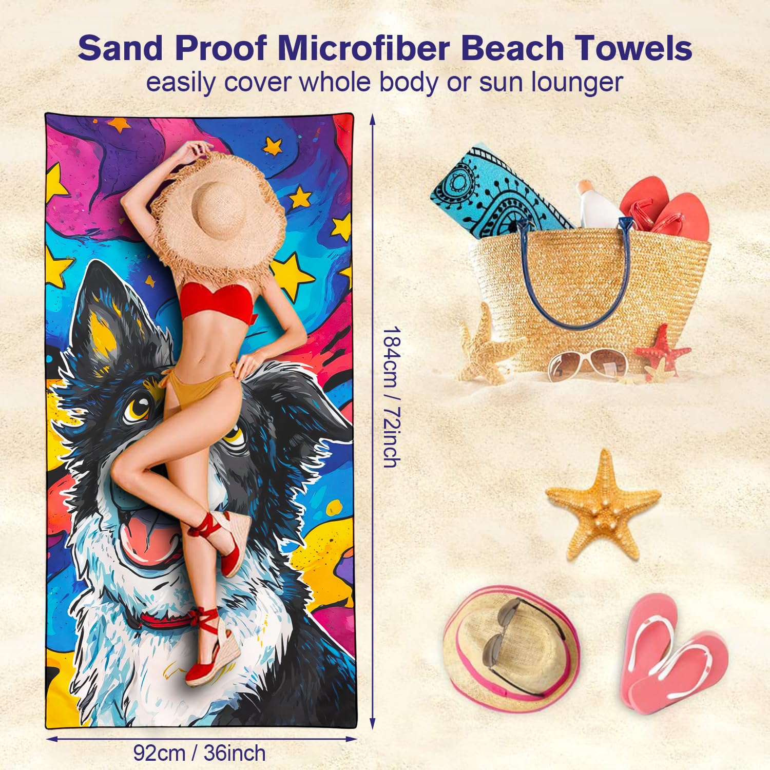 Violetpos Starry Border Collie Beach Towel for Dog Lovers, Extra Large 180x90 cm 250GSM Microfibre, Sand Free Quick Dry