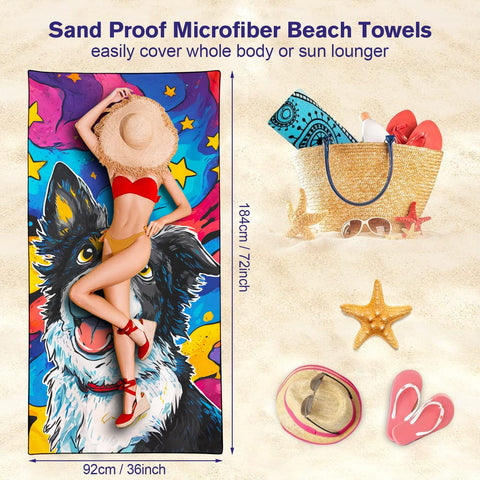 Violetpos Starry Border Collie Beach Towel for Dog Lovers, Extra Large 180x90 cm 250GSM Microfibre, Sand Free Quick Dry