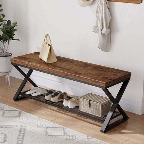 LVB Rustic Brown Industrial Entryway Bench with Storage, Indoor Wood and Metal Storage for Living Room Bedroom