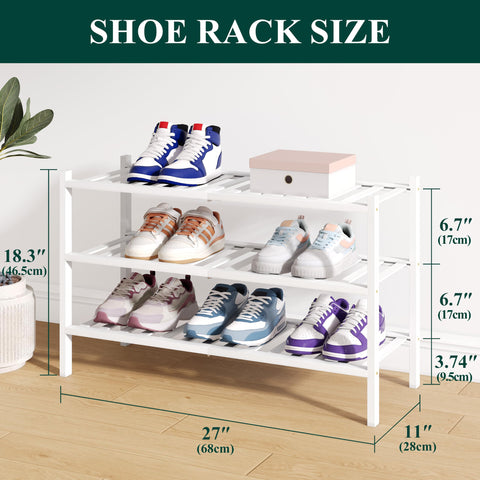 smiry Natural Bamboo Shoe Rack, 3 Tier Wooden Stackable Shoe Storage Organiser, Free Standing Shoes Storage Shelf for Entryway, Hallway, Small Spaces