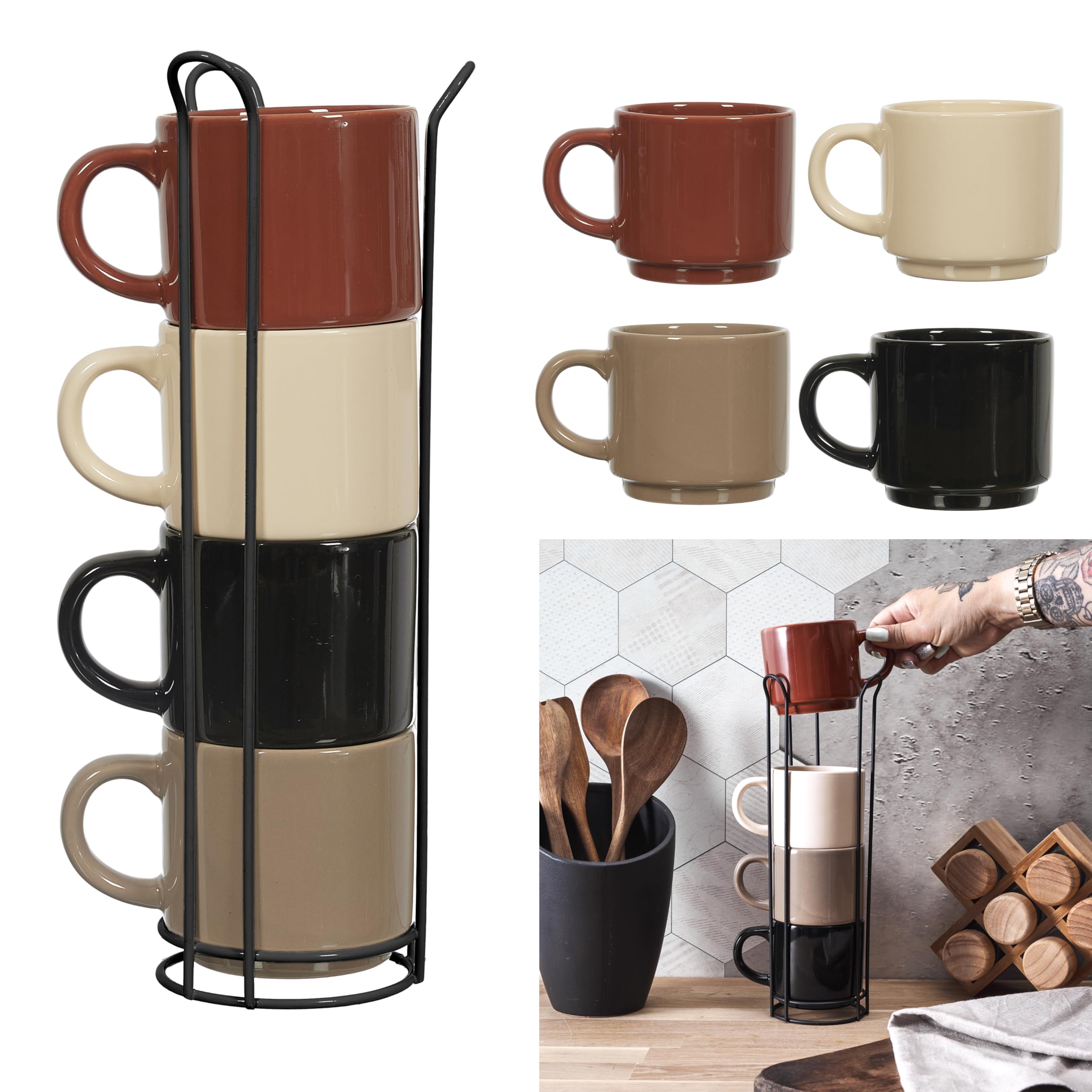HOME DECO FACTORY, KA0500 Set of 4 Simple Cups with Stand, Durable Ceramic, Elegant and Practical Design, Ideal for Coffee and Tea, Neutral Colours