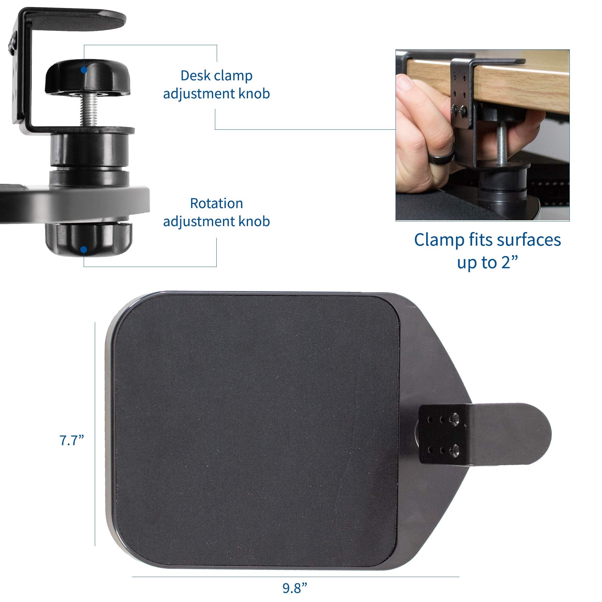 VIVO Clamp-on Mouse Pad Holder Platform, Adjustable Under Desk 360° Rotating Tray Rest Extension Attachment, up to 2 inch Desktops, Black, MOUNT-MS01A