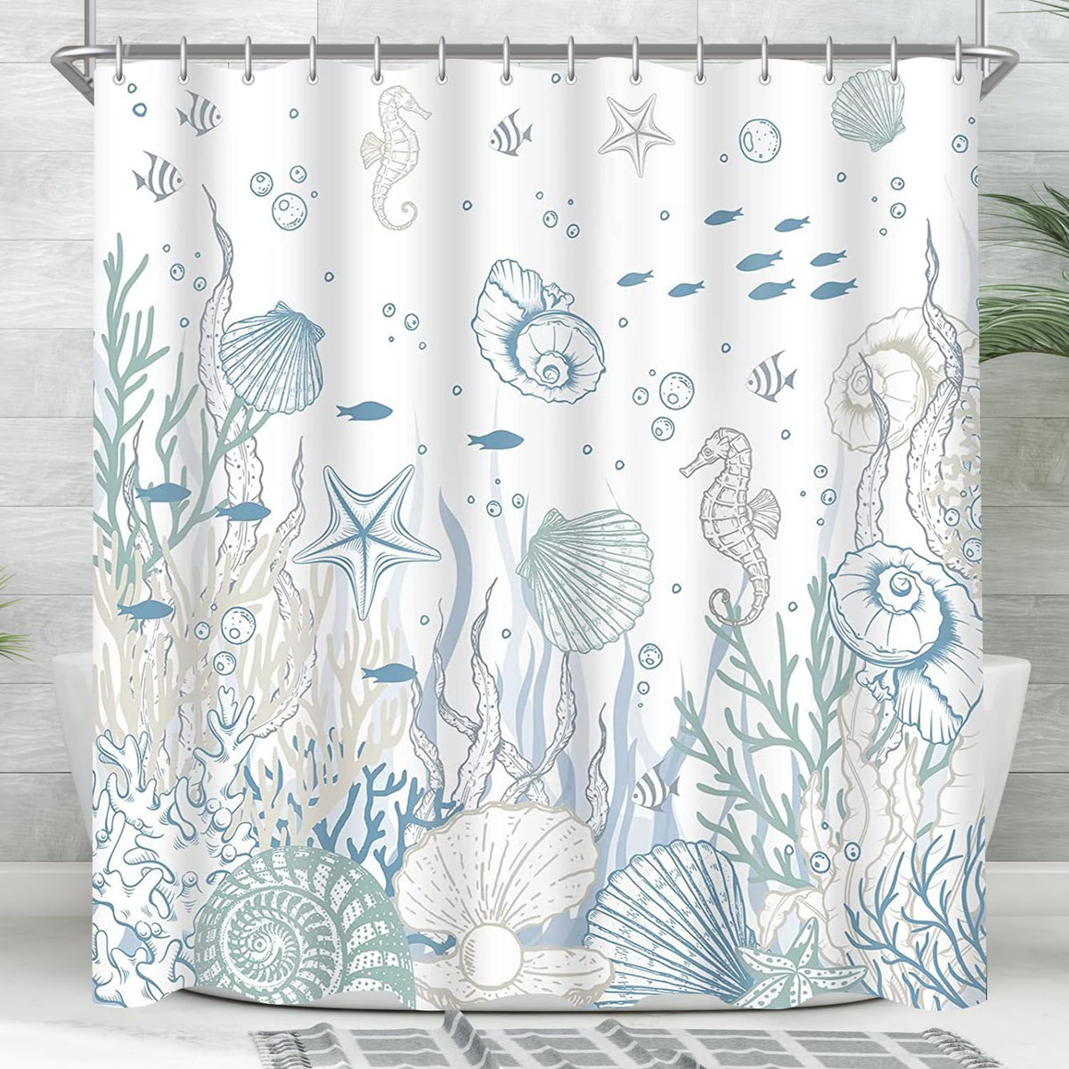 Lerores Shower Curtain 96x71 inch,Seabed Mould and Mildew Resistant,Waterproof,Washable Polyester Fabric Bath Curtains with Weight Tape,16 pcs Hooks