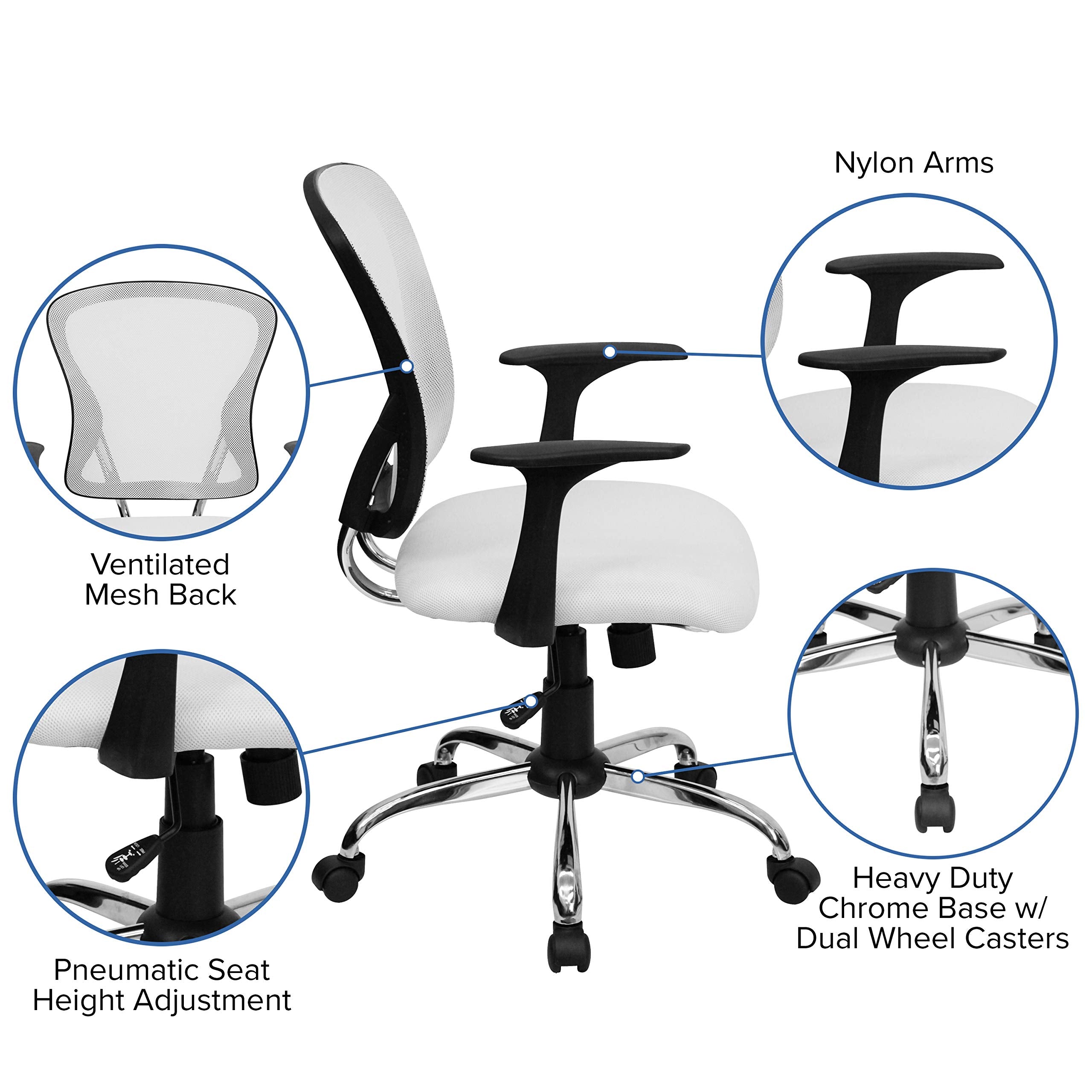 Flash Furniture Mid-Back Mesh Swivel Task Chair with Chrome Base and Arms, Metal, White, 73.66 x 60.96 x 27.94 cm