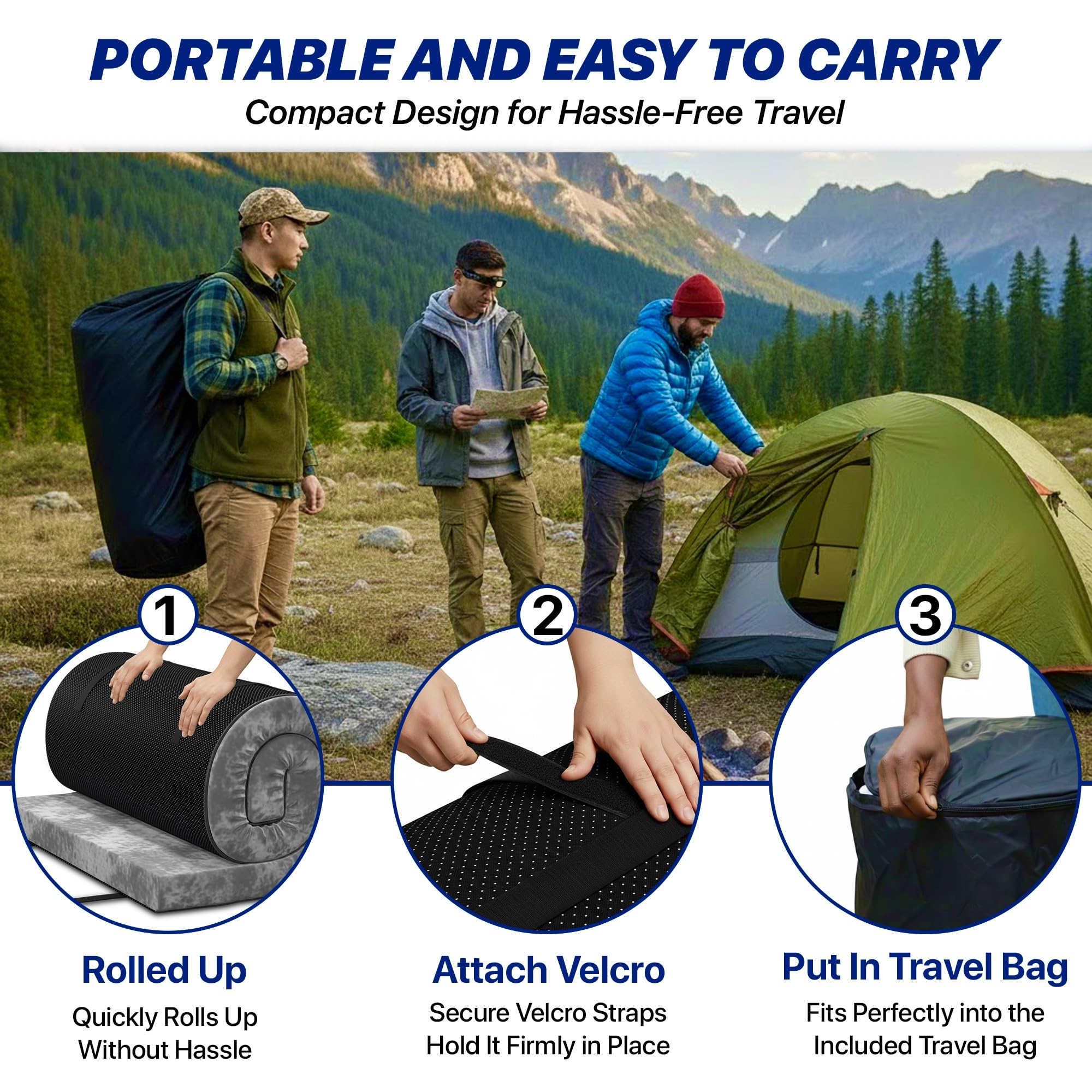 Unique Impression Single Foldable Gel Memory Foam Floor Mattress – Roll Up Topper Pad, Portable Guest Bed for Camping, Camper Van & Home
