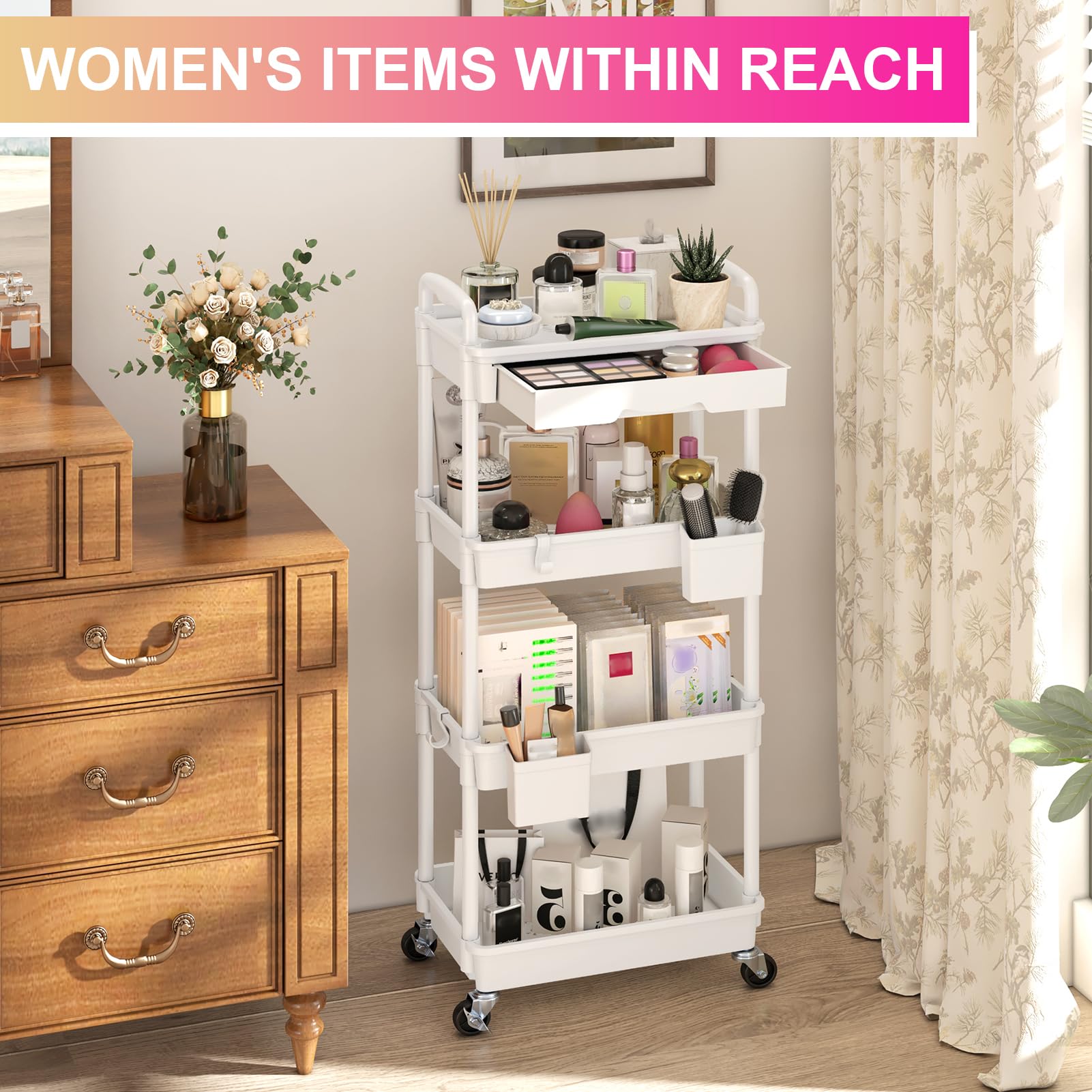 Yeabett 4 Tier Storage Trolley with Drawer, Utility Cart with Plastic Shelf & Lockable Wheels Multifunctional Storage Cart for Kitchen, Bathroom