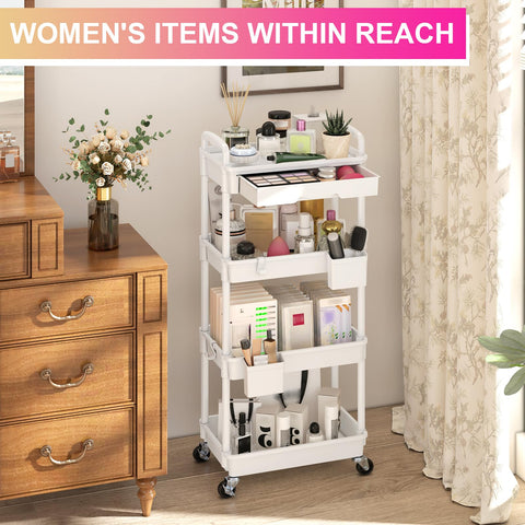 Yeabett 4 Tier Storage Trolley with Drawer, Utility Cart with Plastic Shelf & Lockable Wheels Multifunctional Storage Cart for Kitchen, Bathroom