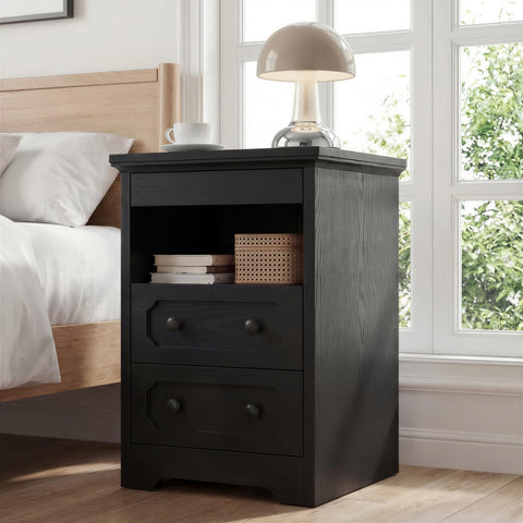 IRONCK Bedside Table with 2 Drawers, Modern Nightstand with Open Shelf, End Table with Pull-Out Tray for Bedroom, Living Room, Black