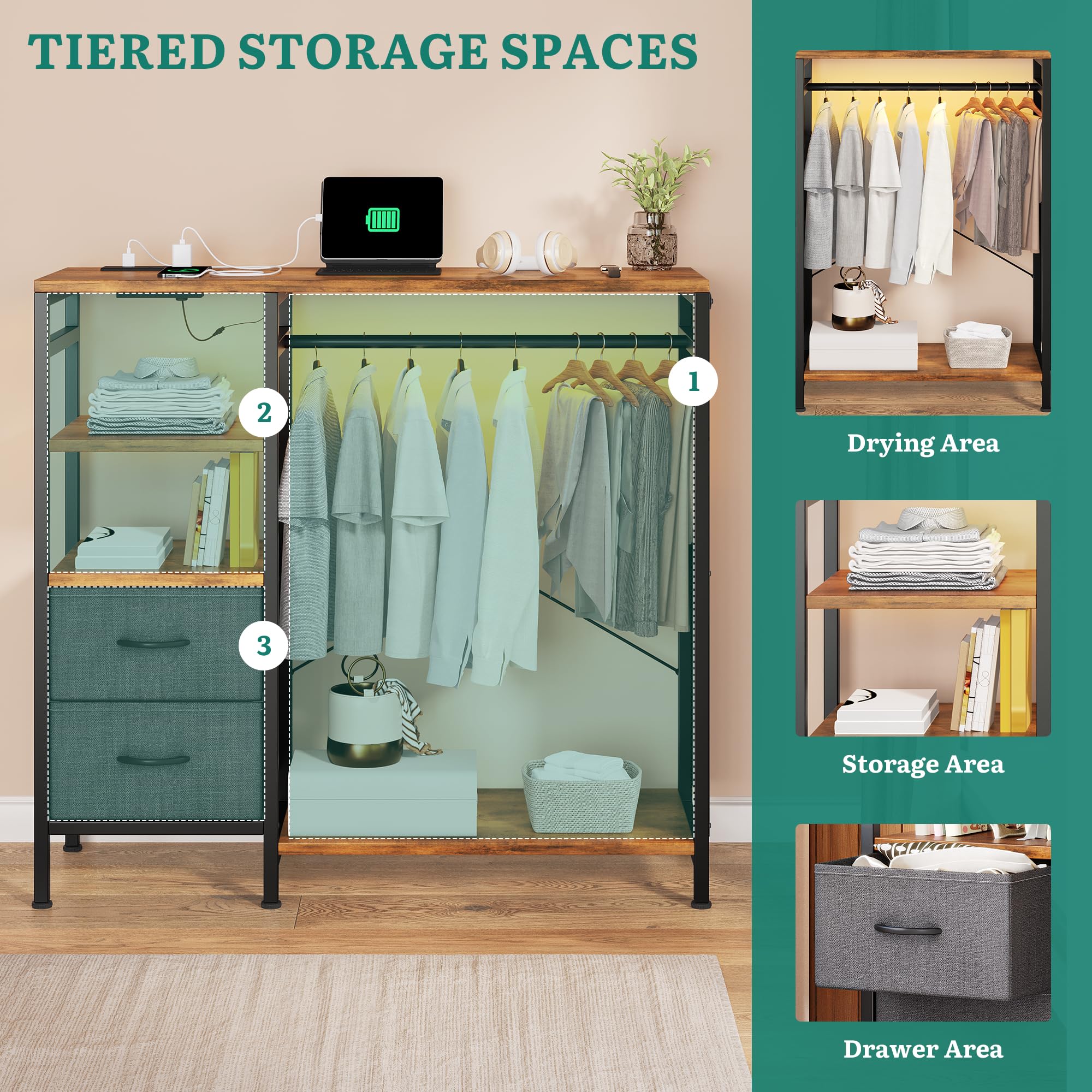 YITAHOME Wardrobe Chest of Drawers with Hanging Rail 120cm Brown