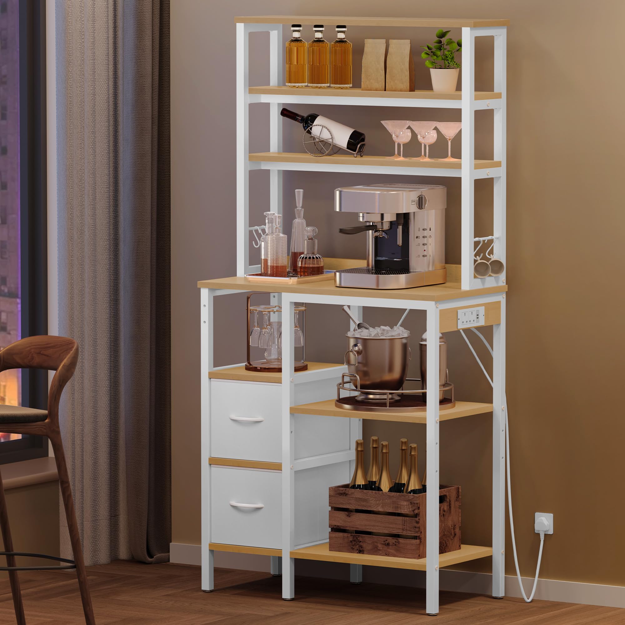 YITAHOME Kitchen Storage Rack with Power Outlet, 2 AC outlets 2 USB ports, Coffee Bar, Baker's Rack with 2 Drawers and 4 Hooks, microwave shelf