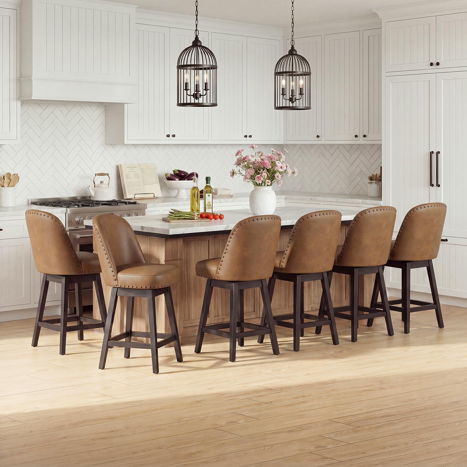 Bar Stools Set of 6, 360° Swivel Counter Stools with Upholstered Seat, Wooden Frame & Nailhead Trim