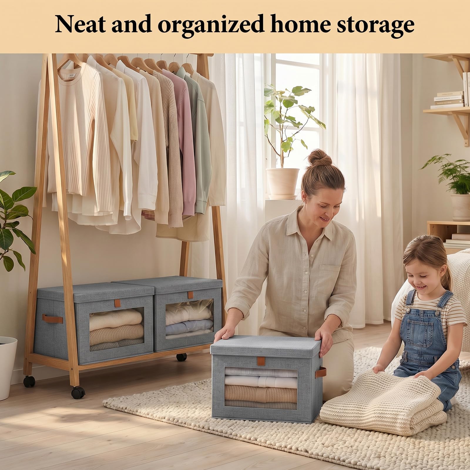 2 Pack Wardrobe Storage Boxes with Lids, Clear Window 37L Large Clothes Storage, Collapsible Storage Box with PU Handles