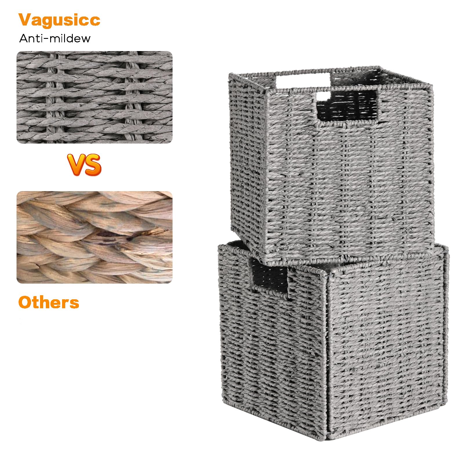 Vagusicc Storage Basket, Set of 2 Hand-Woven Paper Rope Wicker Baskets for Storage, Foldable Cube Storage Bins Organizer