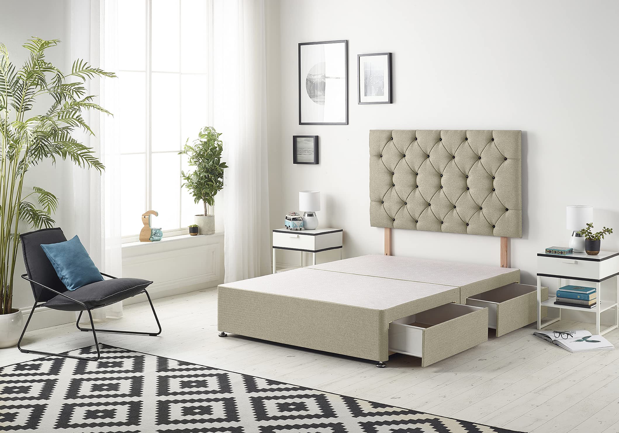Bed Centre Premier Divan Base with 2 Drawers and Matching Headboard - Available in Multiple Fabrics and Colours (3FT Single, Linen Wheat)