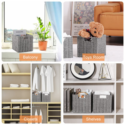 Vagusicc Storage Basket, Set of 2 Hand-Woven Paper Rope Wicker Baskets for Storage, Foldable Cube Storage Bins Organizer