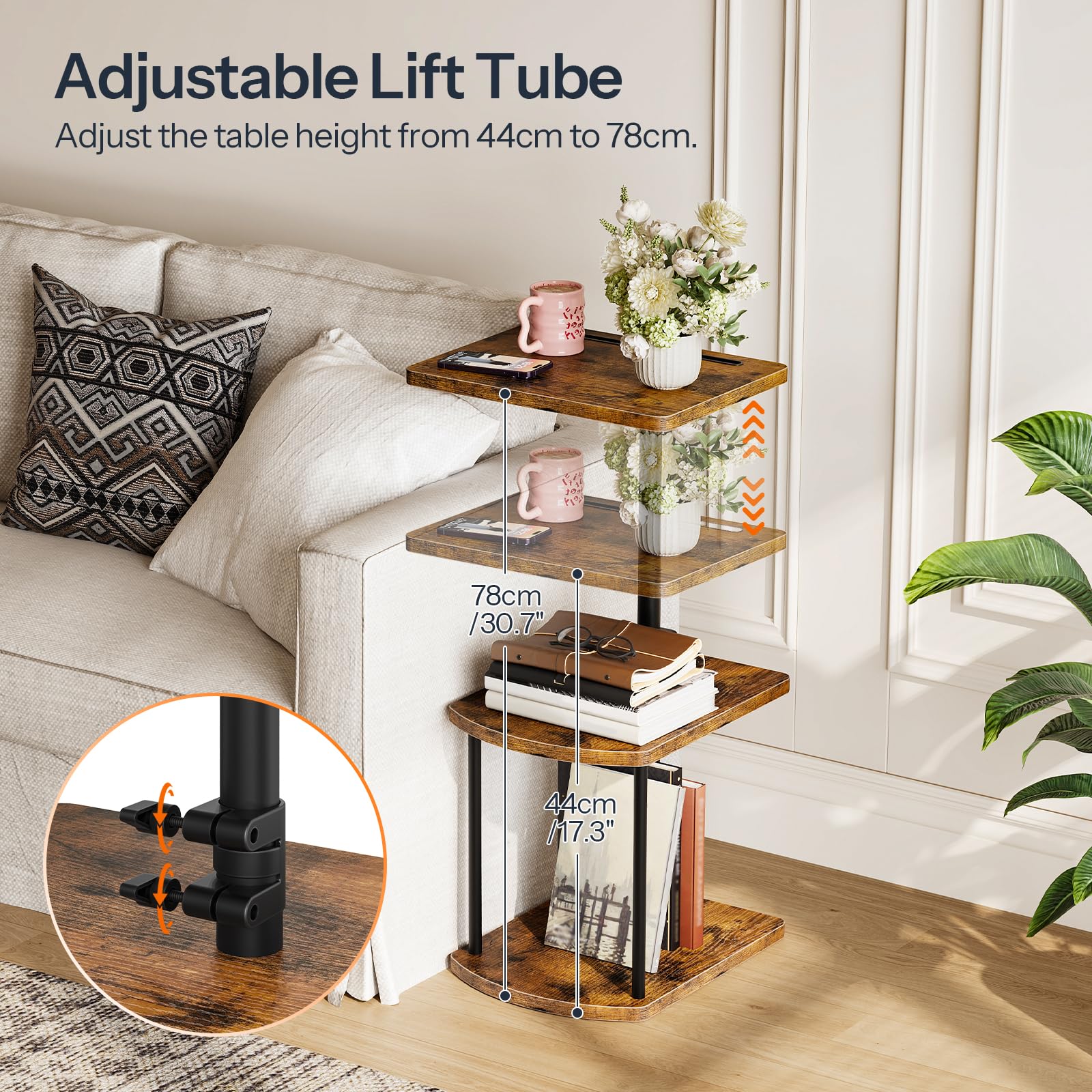 HOOBRO 3-Tier Side Table, Adjustable Height Sofa Table, C Shaped Side Table with 360° Swivel Tabletop and Tablet Slot