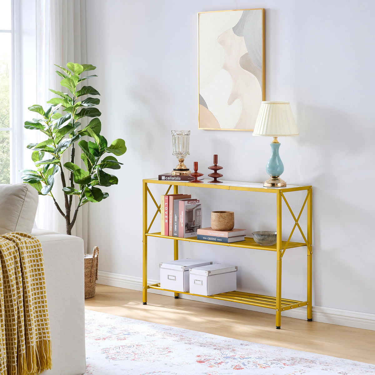 Hoctieon Industrial Console Table, 3 Tier Entryway Table, Hallway Table, Narrow Sofa Table with Shelves, Entrance Table for Entryway, Gold
