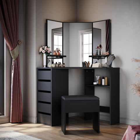 ELEGANT Corner Dressing Table with Padded Stool, Vanity Desk with 5 Drawers