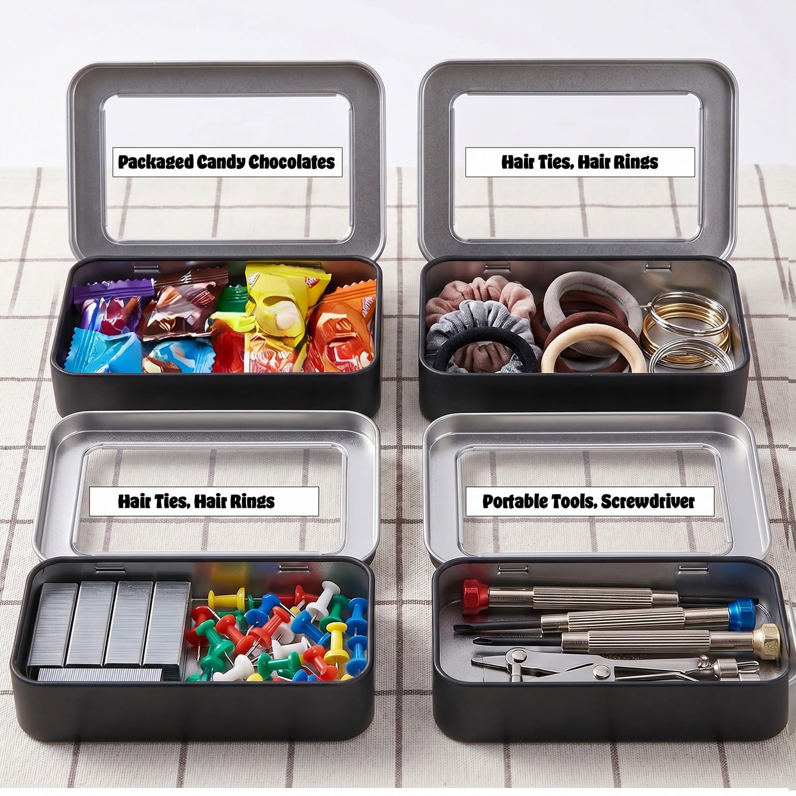 Axafazup Rectangular Hinged Metal Tin Container, Mini Portable Storage Box with Clear Lid, Small Empty Tin for Candy Keys Earrings Organization