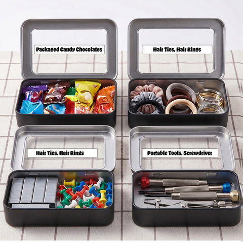 Axafazup Rectangular Hinged Metal Tin Container, Mini Portable Storage Box with Clear Lid, Small Empty Tin for Candy Keys Earrings Organization