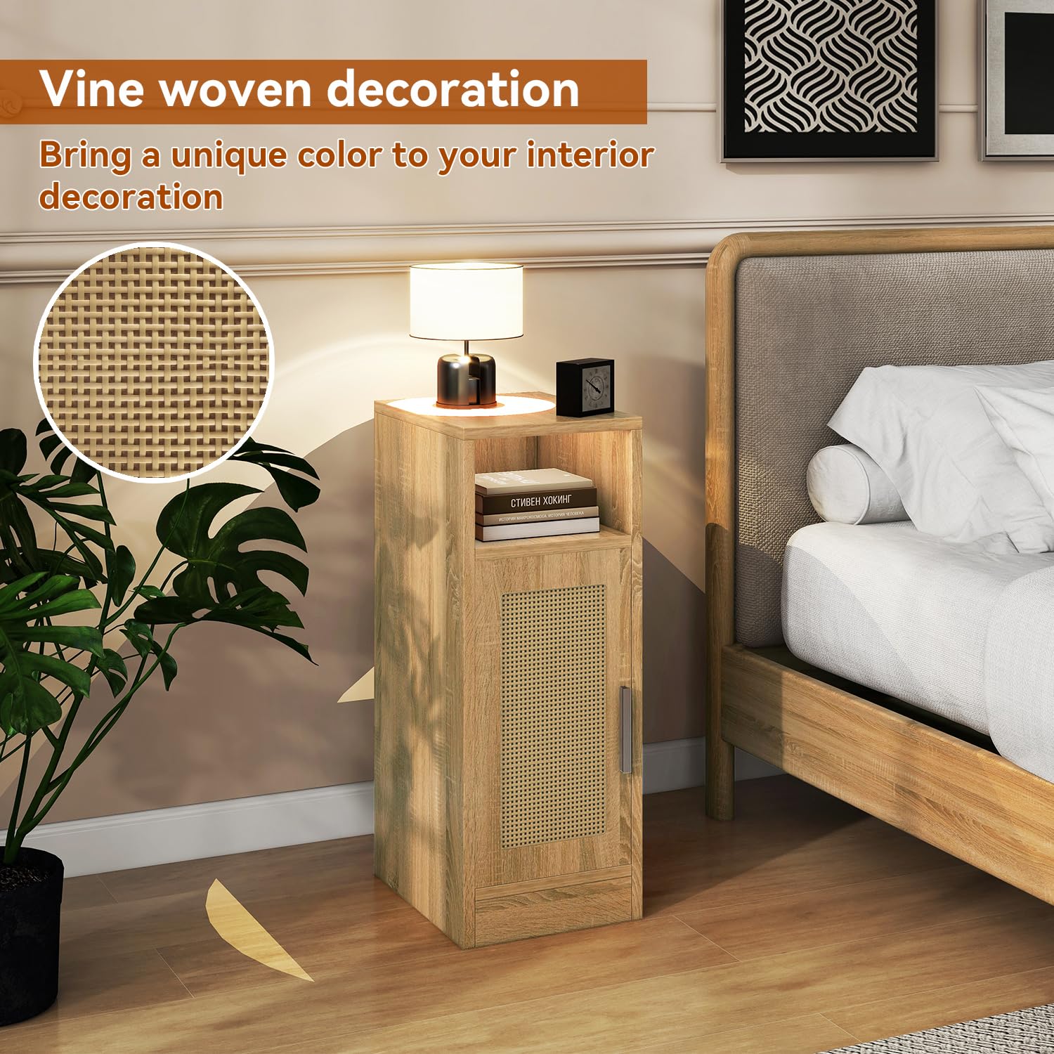 IBUYKE Slim Bedside Table Set of 2,Rattan Nightstand,Natural WNS012N-2