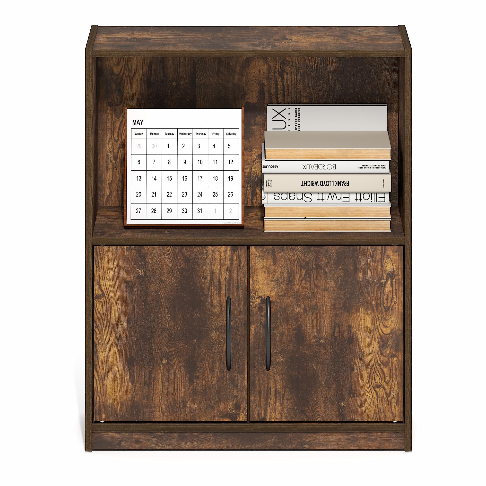 Furinno GRUEN Book Shelf, 2-Tier Small Bookshelf, Bookcase with Open Shelf and Doors Storage Cabinet, 23.6 x 55.4 x 68.6 cm, for Living Room, Bedroom