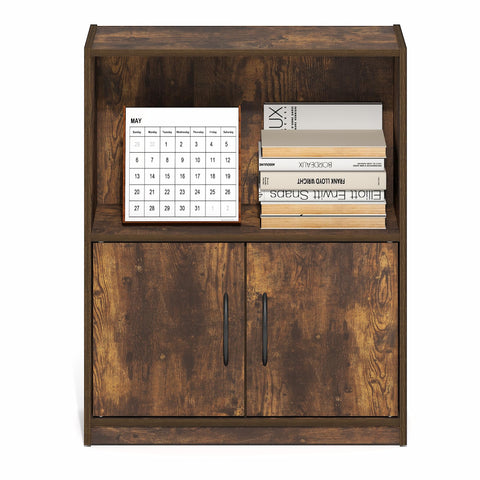 Furinno GRUEN Book Shelf, 2-Tier Small Bookshelf, Bookcase with Open Shelf and Doors Storage Cabinet, 23.6 x 55.4 x 68.6 cm, for Living Room, Bedroom