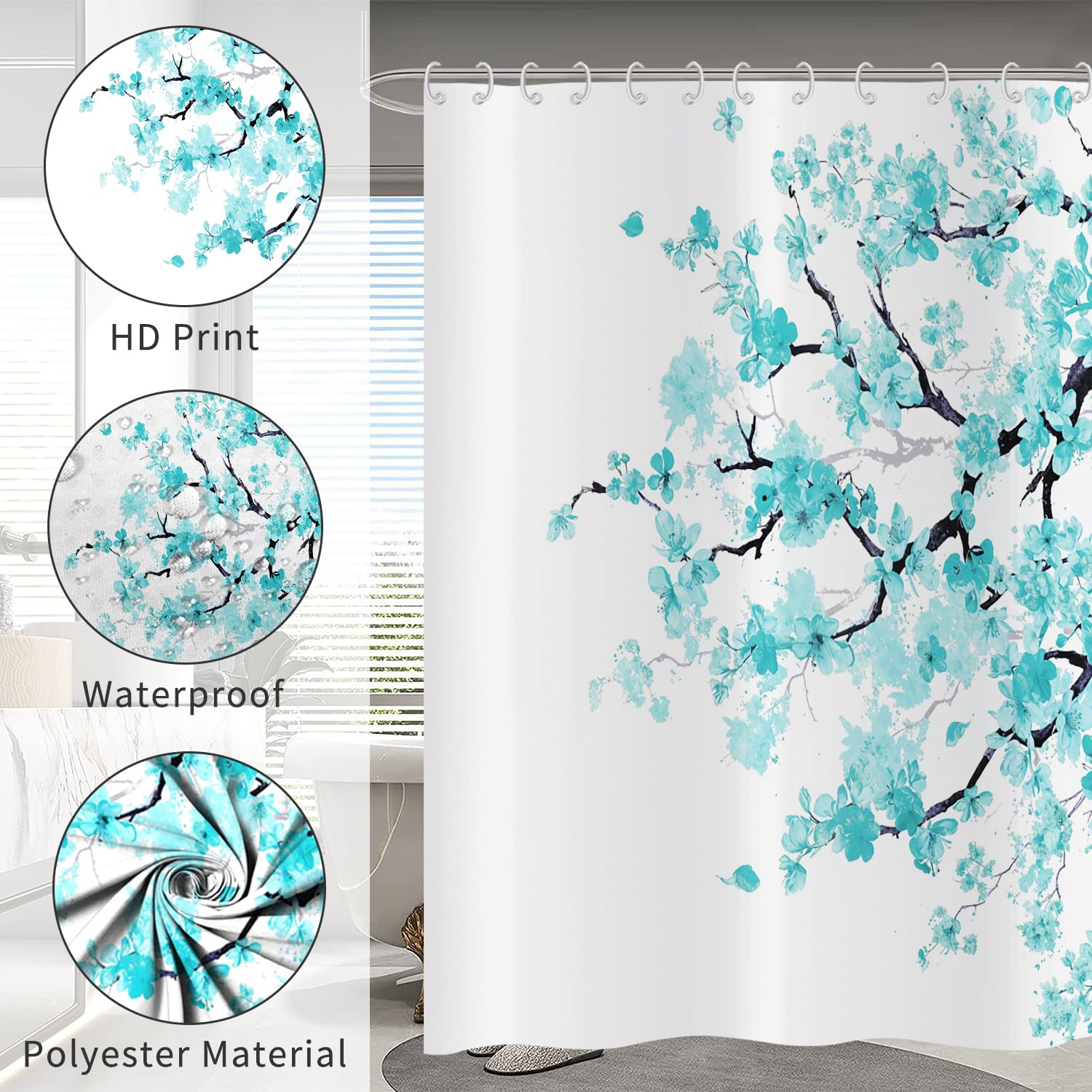 Hnmdmyi Cherry Blossom Shower Curtain 180x200, Turquoise Floral Sakura Blooming Plum Japanese Asian Anime Art Style Bathroom Curtains Waterproof
