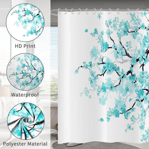 Hnmdmyi Cherry Blossom Shower Curtain 180x200, Turquoise Floral Sakura Blooming Plum Japanese Asian Anime Art Style Bathroom Curtains Waterproof