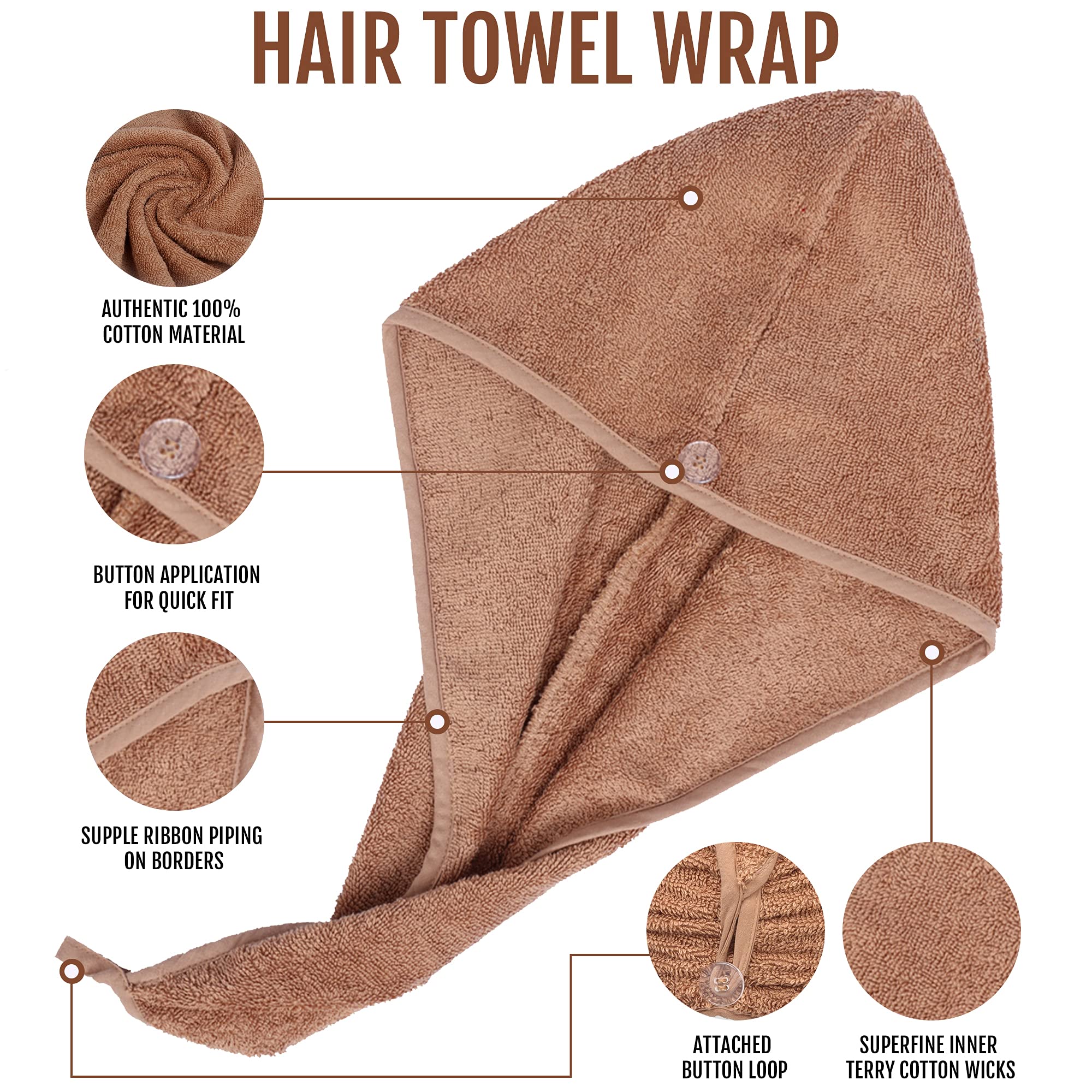LUXURY Hair Towel Wrap 100% Cotton, Instant Drying Lightweight Turban Hair Cap Super Quick Absorbent Anti-Frizz Twist Toweling Dry Hat Button Loop