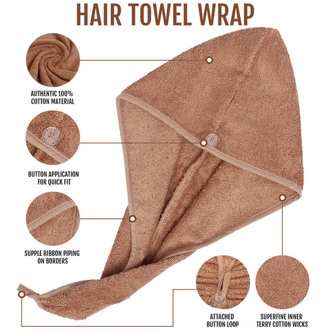 LUXURY Hair Towel Wrap 100% Cotton, Instant Drying Lightweight Turban Hair Cap Super Quick Absorbent Anti-Frizz Twist Toweling Dry Hat Button Loop