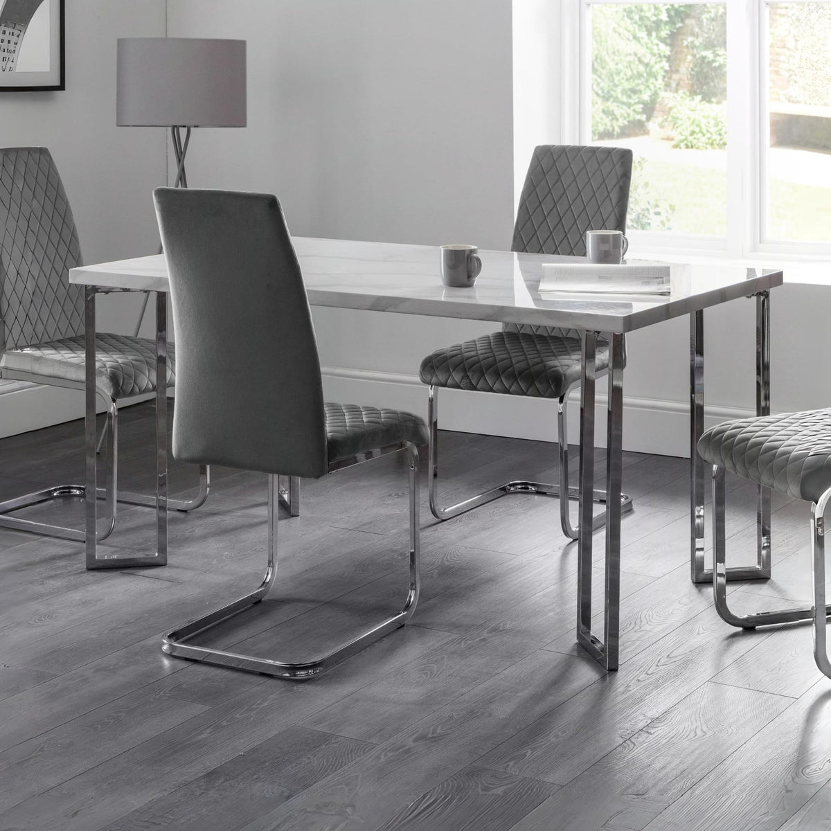 Julian Bowen Positano Dining Table, Marble Effect & Chrome - H75.5 x W150cm