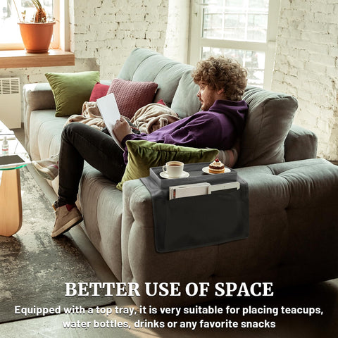 Fizleca Sofa Arm Tray, Armchair Tray, Armrest Tray Organizer - Waterproof Non-Slip Caddy with 4 Pockets for Cups, Snacks, Phones, Tablets, Books