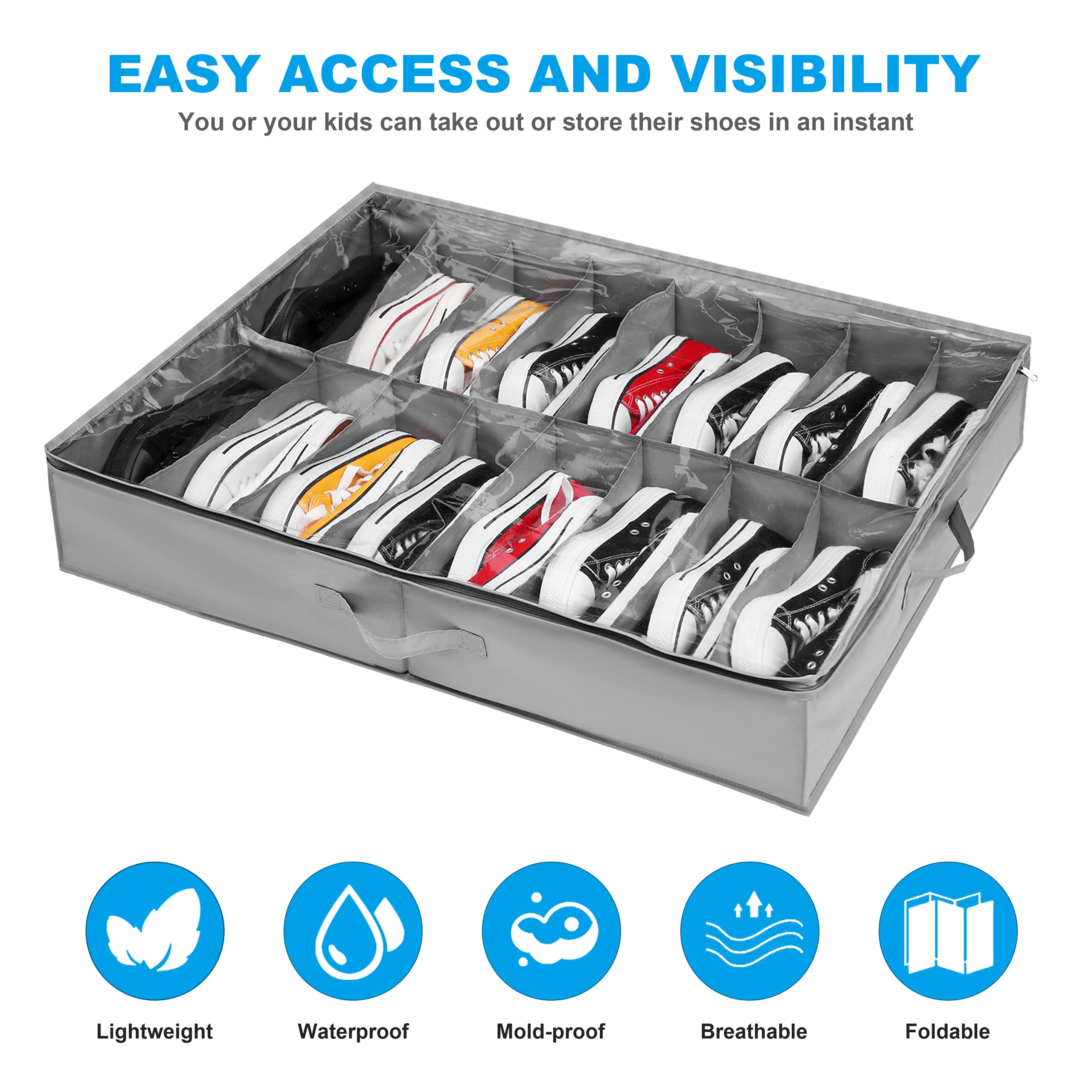 Under Bed Shoe Storage Organiser Set of 2, Fits 32 Pairs Total, Underbed Shoe Box/ Containers w/ Reinforced Handles