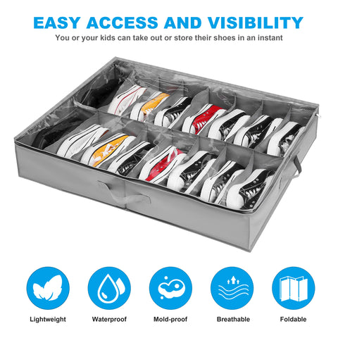 Under Bed Shoe Storage Organiser Set of 2, Fits 32 Pairs Total, Underbed Shoe Box/ Containers w/ Reinforced Handles