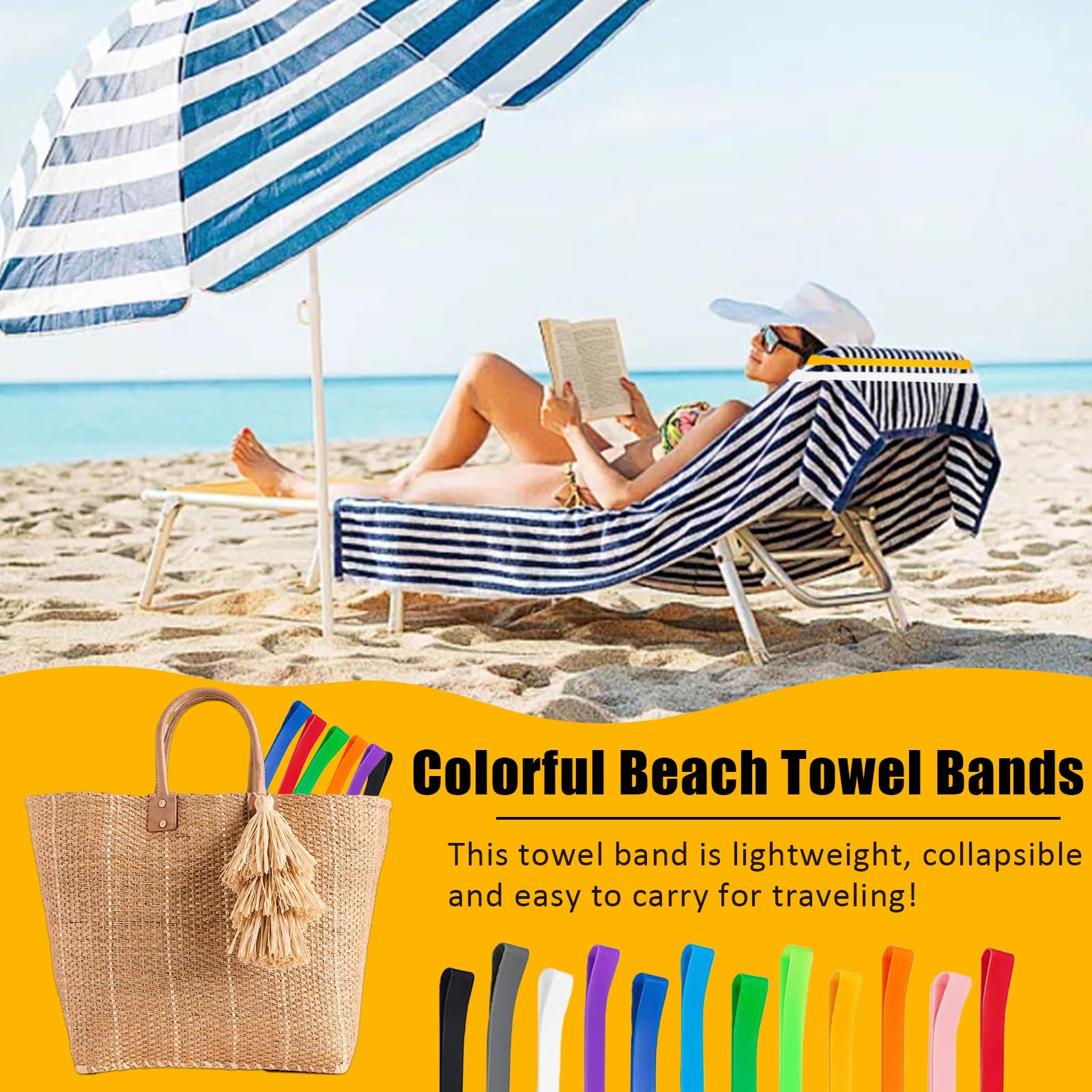 Sicheii 6Pcs Towel Bands, Windproof Silicone Towel Bands for Beach Chairs Cruise, Elastic Towel Clips Holder