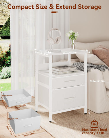 YMYNY White Bedside Table, Bedroom Bedside Cabinet with 2 Fabric Drawers, Open Shelf Unit, Metal Frame, Modern, Nightstand, End Table