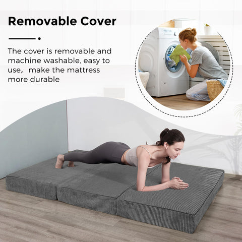 MAXYOYO Folding Corduroy Mattress, Tri Fold Floor Mattress 10cm thick with Washable Covers,Foldable in Three,Space-Saving for Guest (Charcoal, Double)