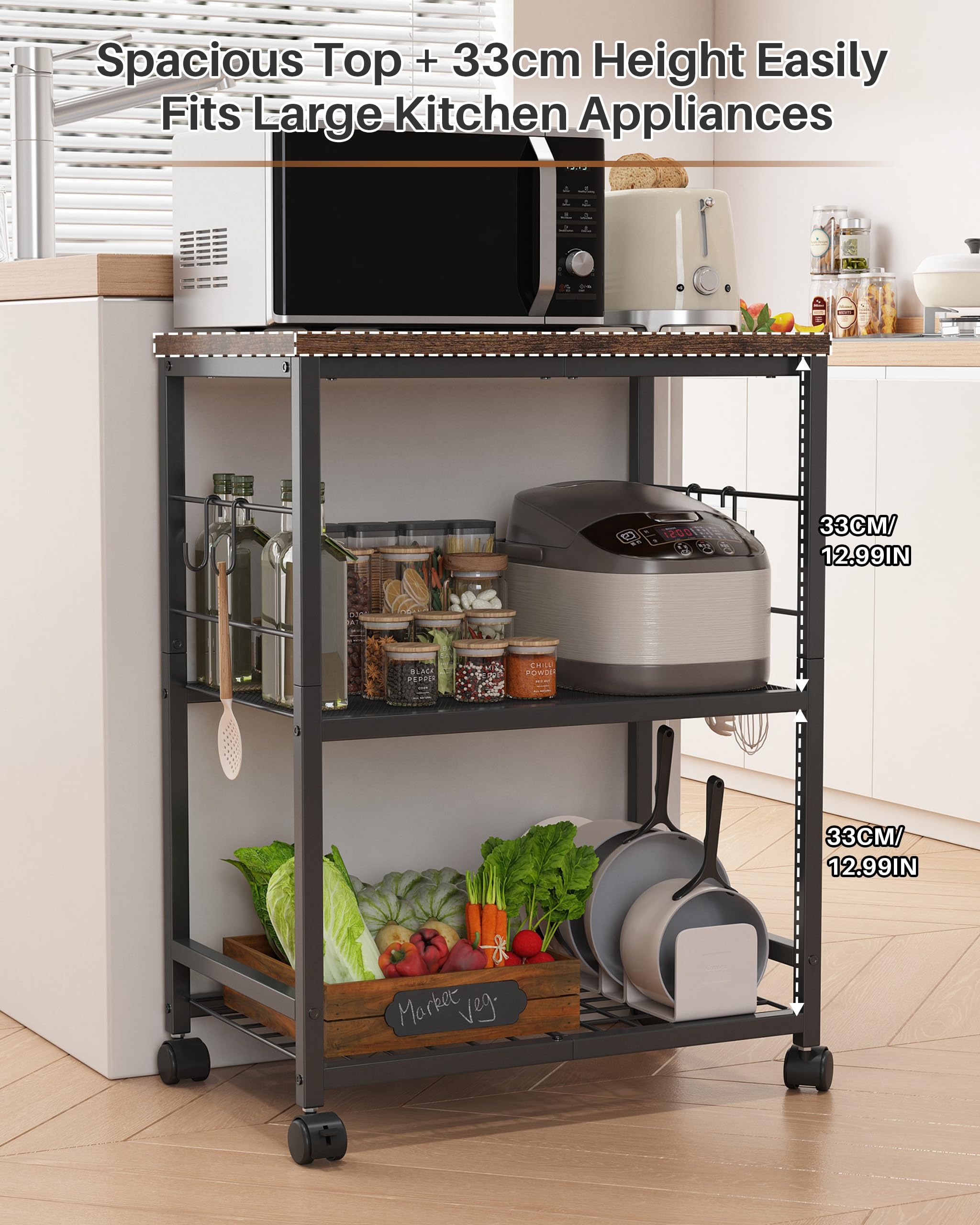 Ornestia 3 Tier Kitchen Trolley With Small Island for Storage(Black)