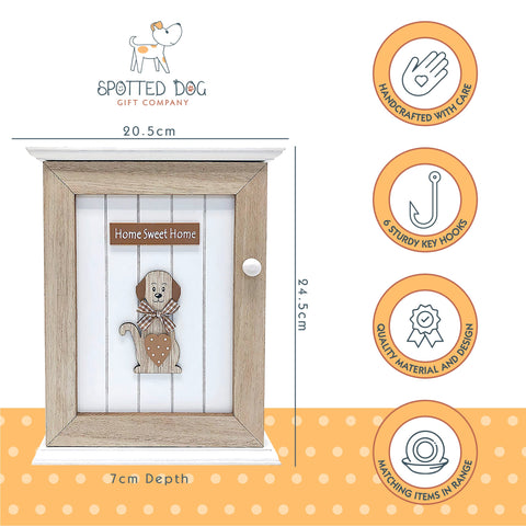 SPOTTED DOG GIFT COMPANY Key Box Wall Mounted Wooden Key Cupboard Cabinet with 6 Hooks for Hallway, Decorative Dog Themed Home Decor