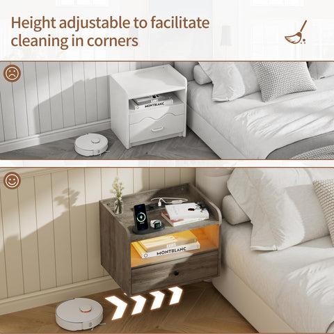 BonVache Set of 2 Floating Bedside Tables, Multi-Function Adjustable Lighting and Charging Station, Floating nightstand with Open Shelf and Drawer