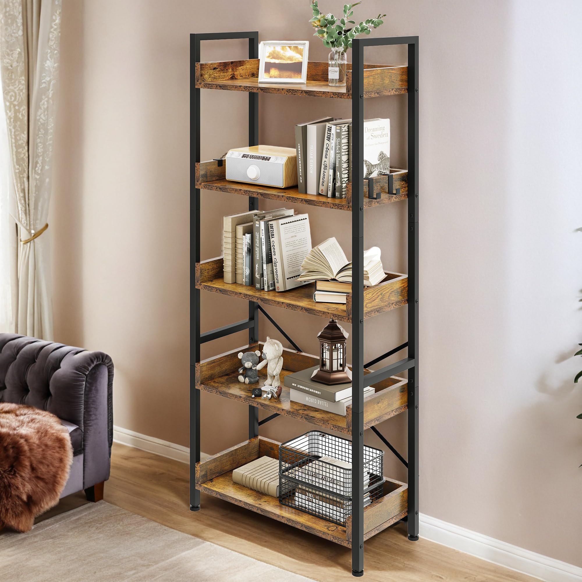 YITAHOME 5 Tier Bookcase, Floorstanding Wooden Shelves with Stable Steel Frame Shelving Unit