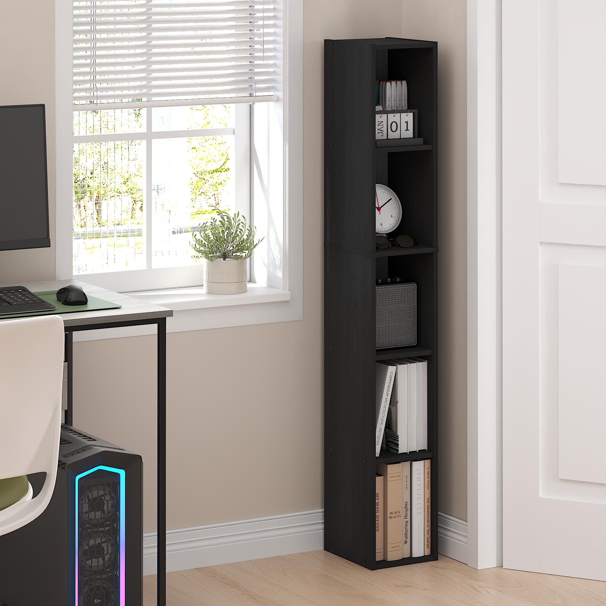 Furinno FULDA 5-Tier Tall Narrow Bookshelf, Standing Bookcase with 20.3 cm Width Storage Shelf, 23.6 x 20.1 x 131.8 cm, for Organization Storage