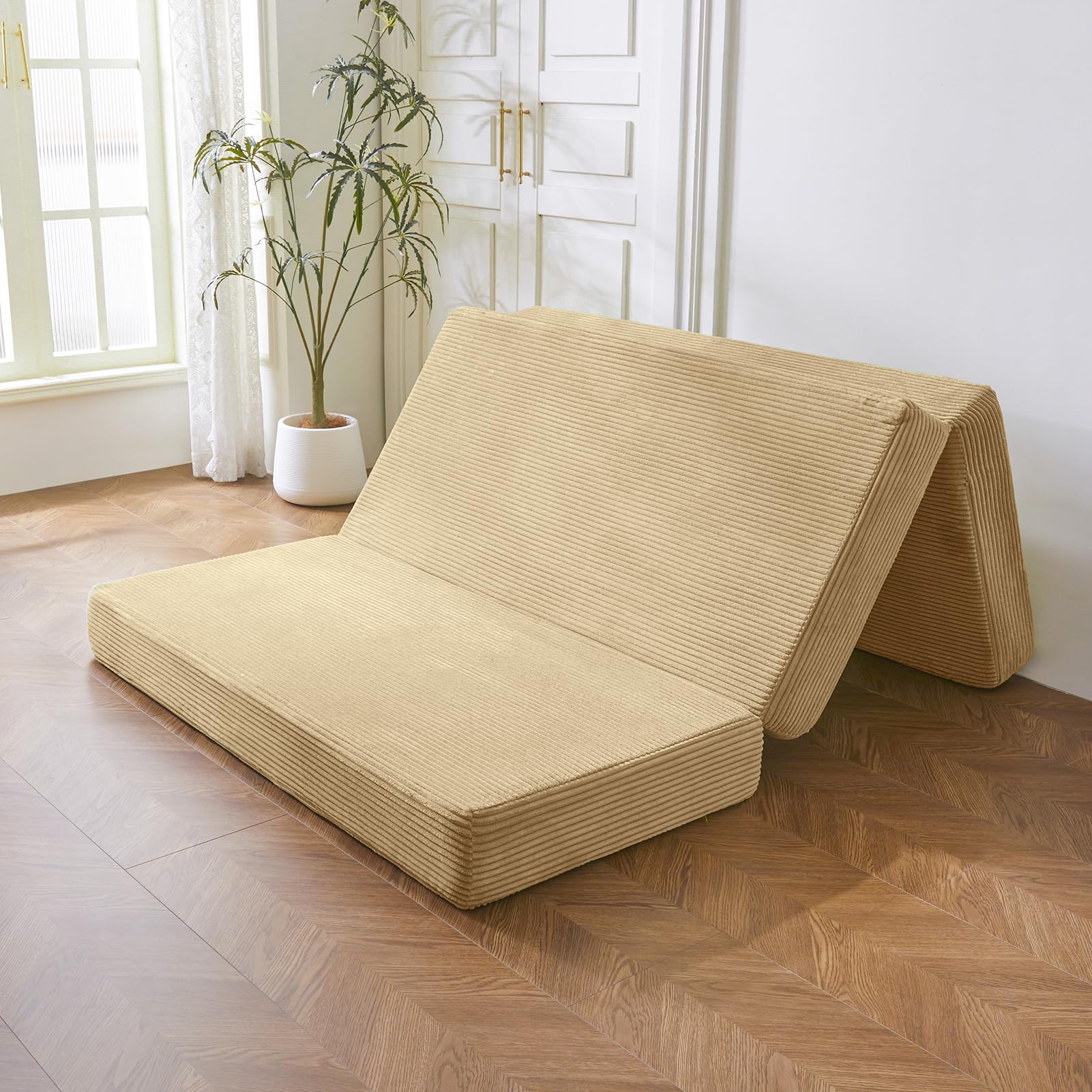 MAXYOYO Folding Corduroy Mattress, Tri Fold Floor Mattress 10cm thick with Washable Cover,Foldable in Three,Space-Saving for Guest (Camel, Double)