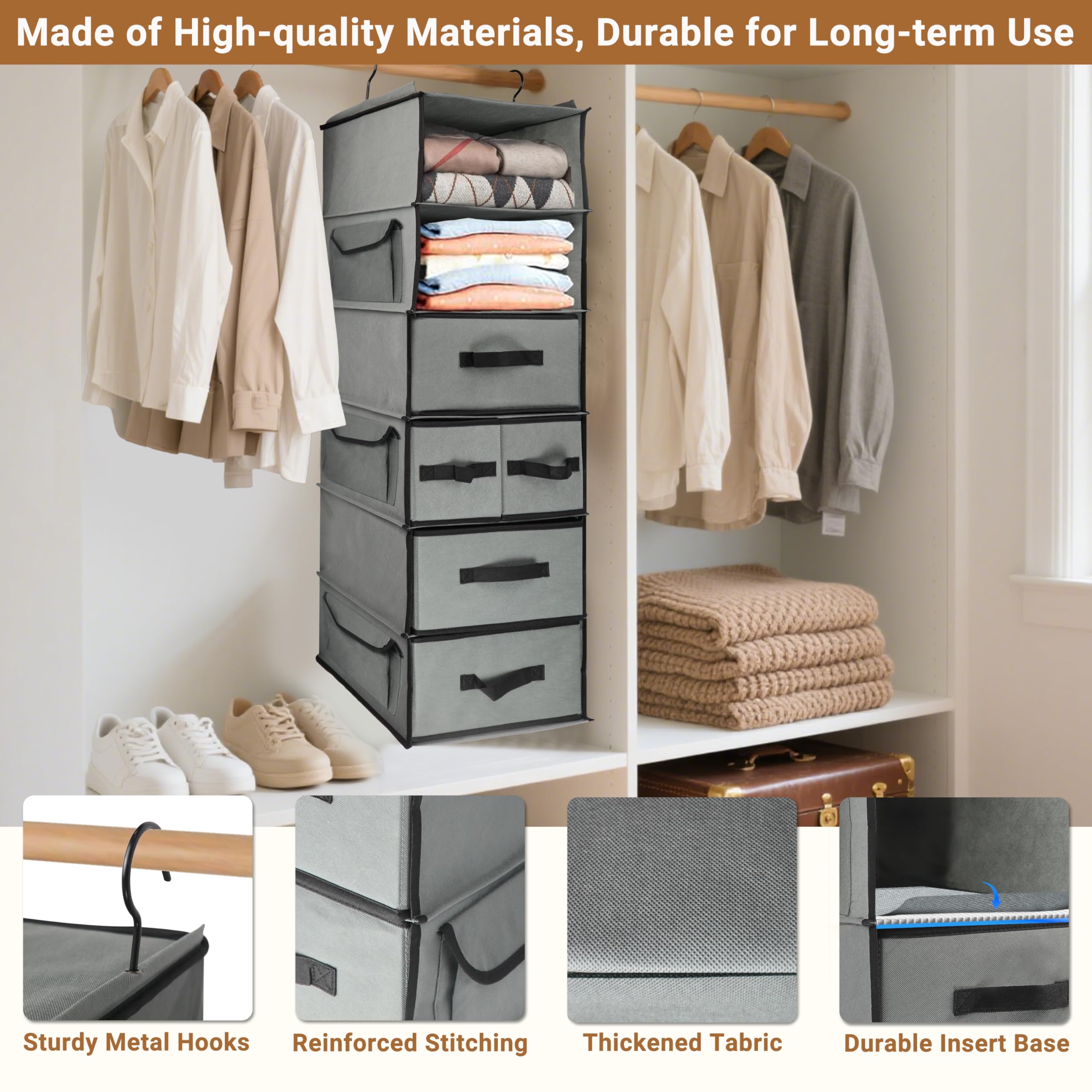 Folzaelar Durable Hanging Wardrobe Organiser with 5 Drawer & 3 Side Pocket,6-Tier Thickened Fabric Hanging Shelf Clothes Storage Holder Organization
