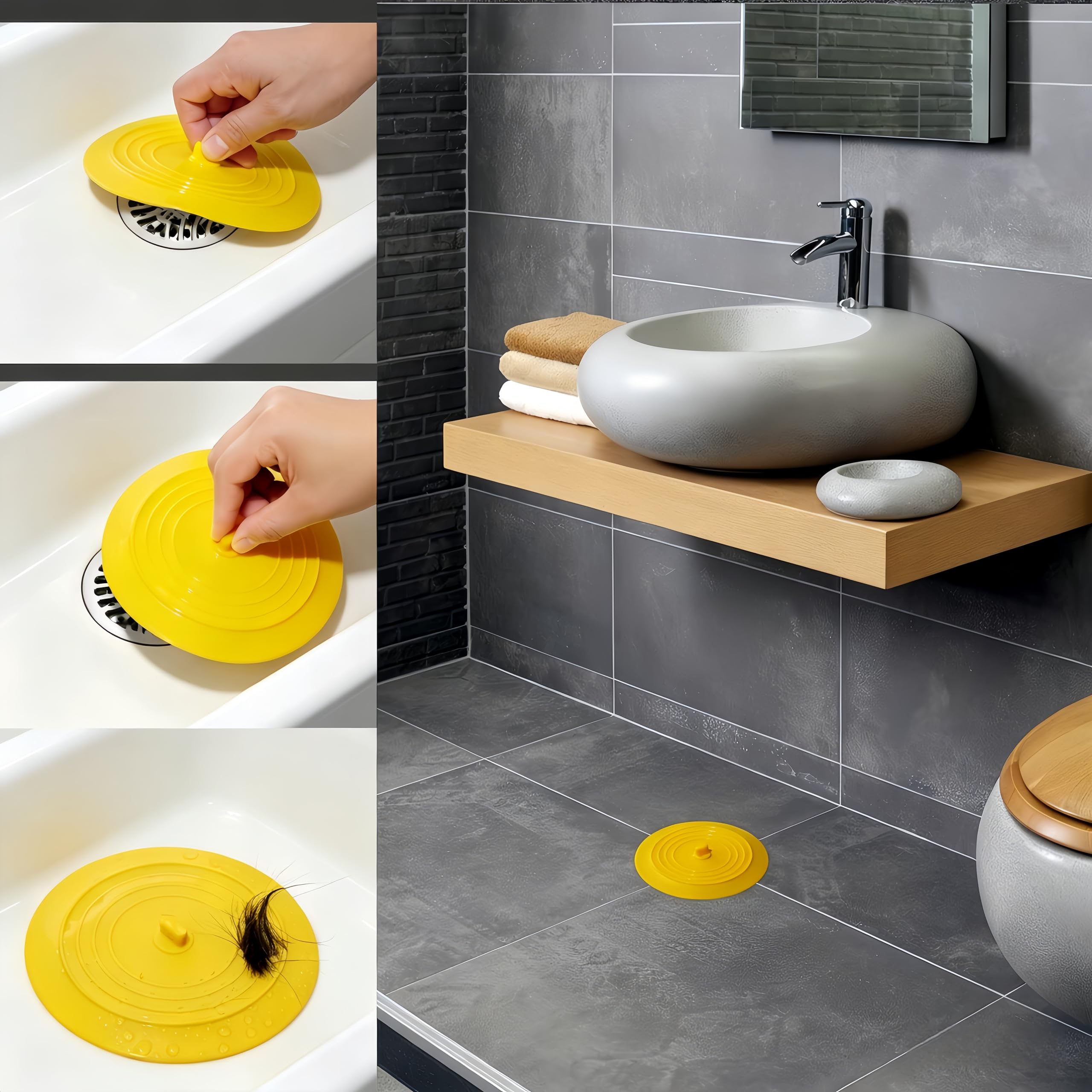 RQzaufania 2 Pack 15.3 cm Diameter Silicone Tub Stopper, Drain Stopper Universal Sink Plug for Kitchen Sink & Basin, Bathtub (Yellow&Grey)