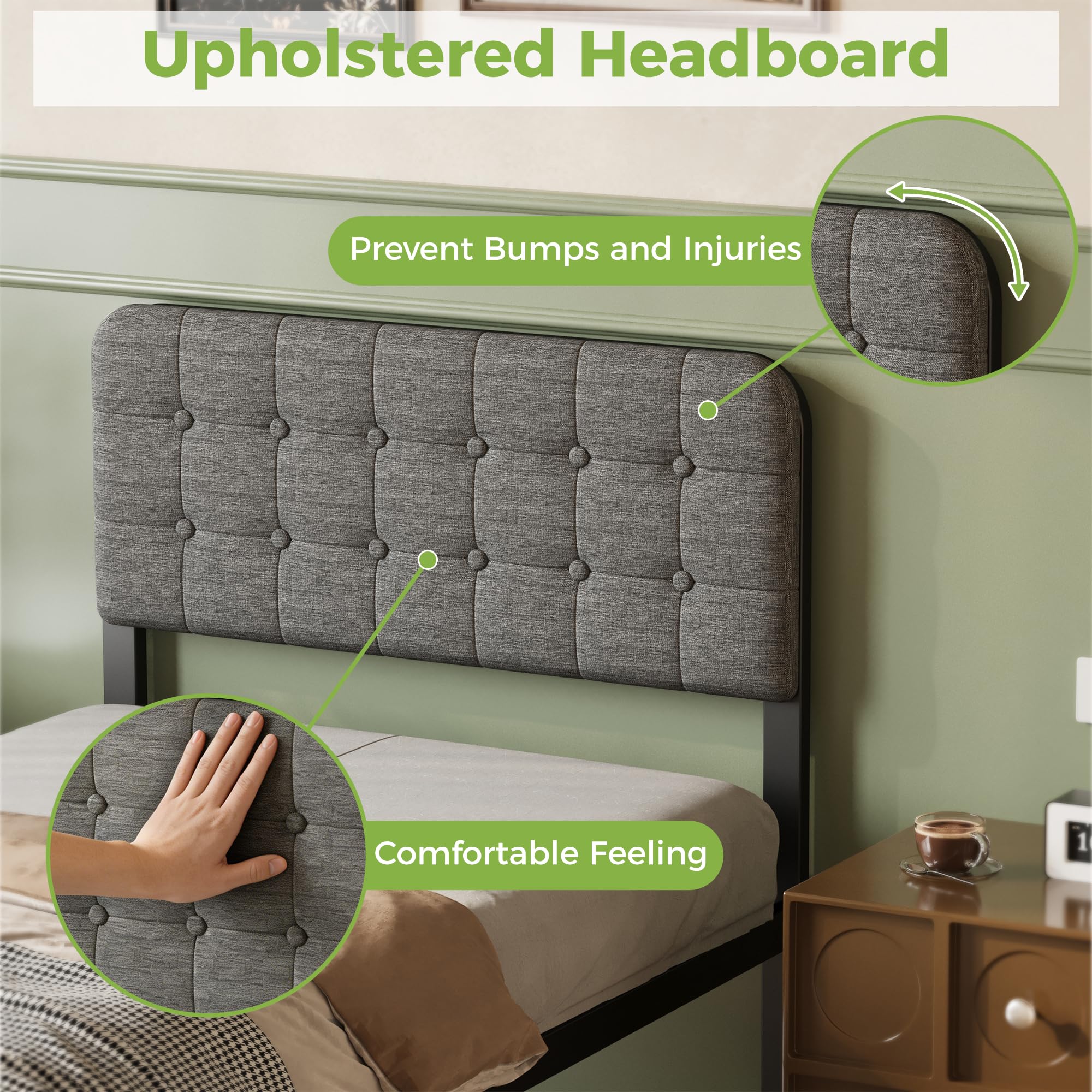Lutown-Teen Single Bed Frame with Grey Upholstered Headboard