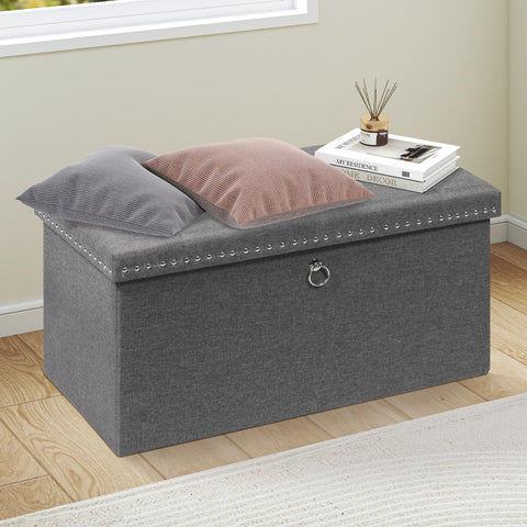 Bonlife Folding Ottoman Storage Bench, Coffee Table with Tray, Large Footstool for Living Room, Footrest Stool, Grey, Linen, 80x40x40cm