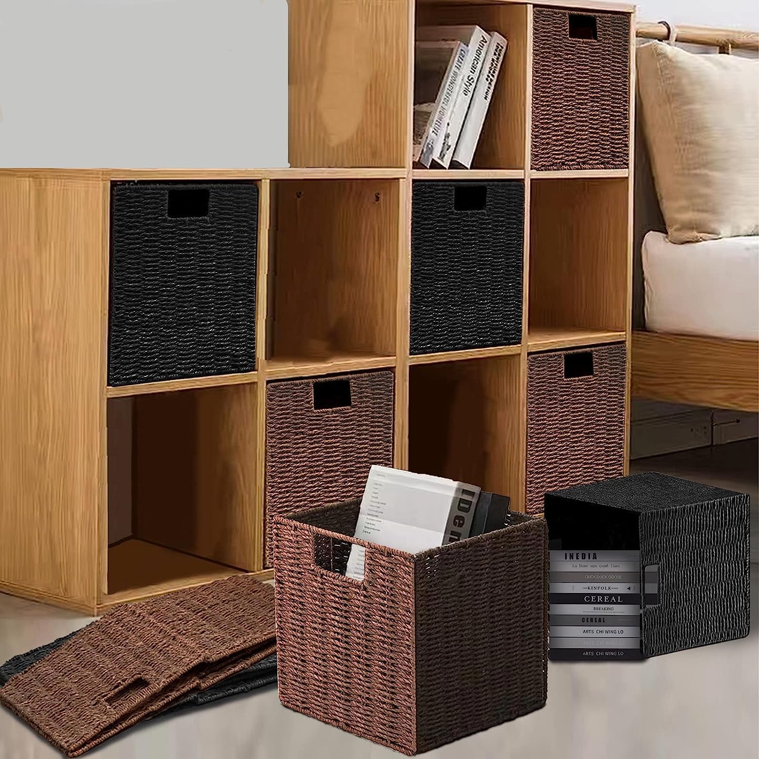 Aluusy Wicker Storage Basket,Foldable Organizer, 28×28×28cm,Brown